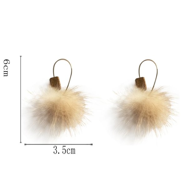 Furry Fur Ball Wood Hook Earrings - Picture 11 of 13